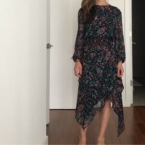 NWT IRO black print dress, asymmetric, handkerchief hem, low slit back, size 0